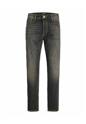 Sorte, falmede jeans med rett ben, fem lommer og knappelukking, designet for hverdagsbruk.