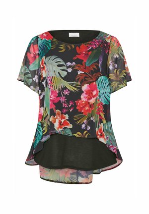 Bloemige transparante blouse met een mix van levendige kleuren op een zwarte achtergrond, met een afgeronde zoom en korte fluttermouwen.