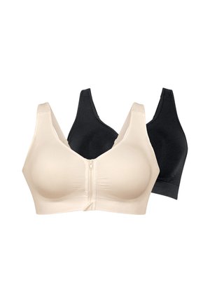 Reggiseni senza cuciture con zip frontale beige e nero, con spalline larghe e coppe a copertura totale progettati per comfort e supporto.