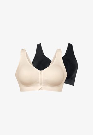 Reggiseni senza cuciture con zip frontale beige e nero, con spalline larghe e coppe a copertura totale progettati per comfort e supporto.