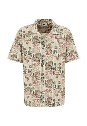 Majica kratkih rukava s bež pozadinom, s uzorkom cvijeća i tigra u ružičastim, zelenim i krem nijansama.