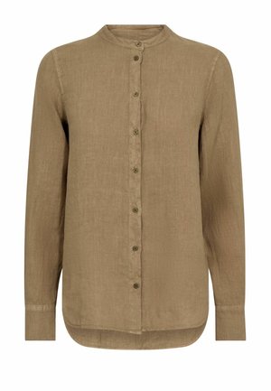Braunes Hemd mit langen Ärmeln, Knopfleiste, Stehkragen, sichtbaren Nahtdetails und abgerundetem Saum.