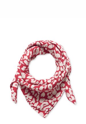 Punane sall valge leopardimustriga, millel on kolmnurkne kuju ja pehme tekstuur. Nöörid nurkades mitmekülgseks stiilimiseks.