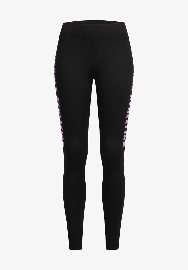 Mustat leggingit, jotka on valmistettu joustavasta materiaalista, jossa on korkea vyötärö ja purppuran värinen logoteksti sivussa. Sileä tekstuuri ja tiukka muoto.