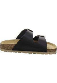 Black leather slide sandal with cork midsole. Features two wide straps and a metallic buckle. Textured rubber outsole for grip.