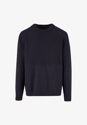 Suéter de punto azul marino con parte superior del pecho y mangas texturizadas, cuello redondo acanalado, puños y dobladillo, exhibido sobre fondo blanco.