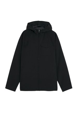 Schwarze Kapuzenjacke aus glattem Material, mit einem vorderen Reißverschluss, seitlichen Taschen und einer Brusttasche zur Aufbewahrung. Schlichtes Design.