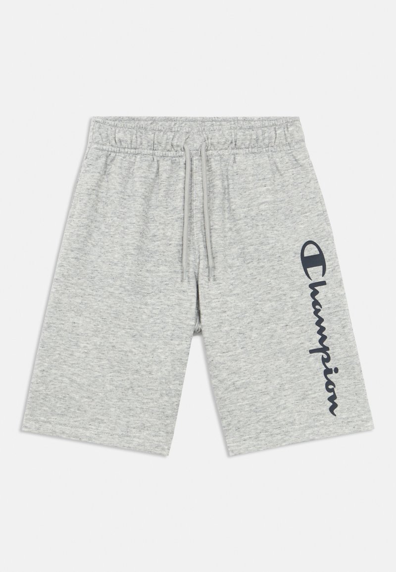 Shorts gris en mélange de coton avec une ceinture élastique et un cordon de serrage. Présentent un logo "Champion" bleu marine sur le côté gauche.