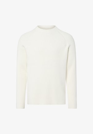 White ribbed sweater with a crew neckline and long sleeves, featuring a textured fabric and a regular fit design.