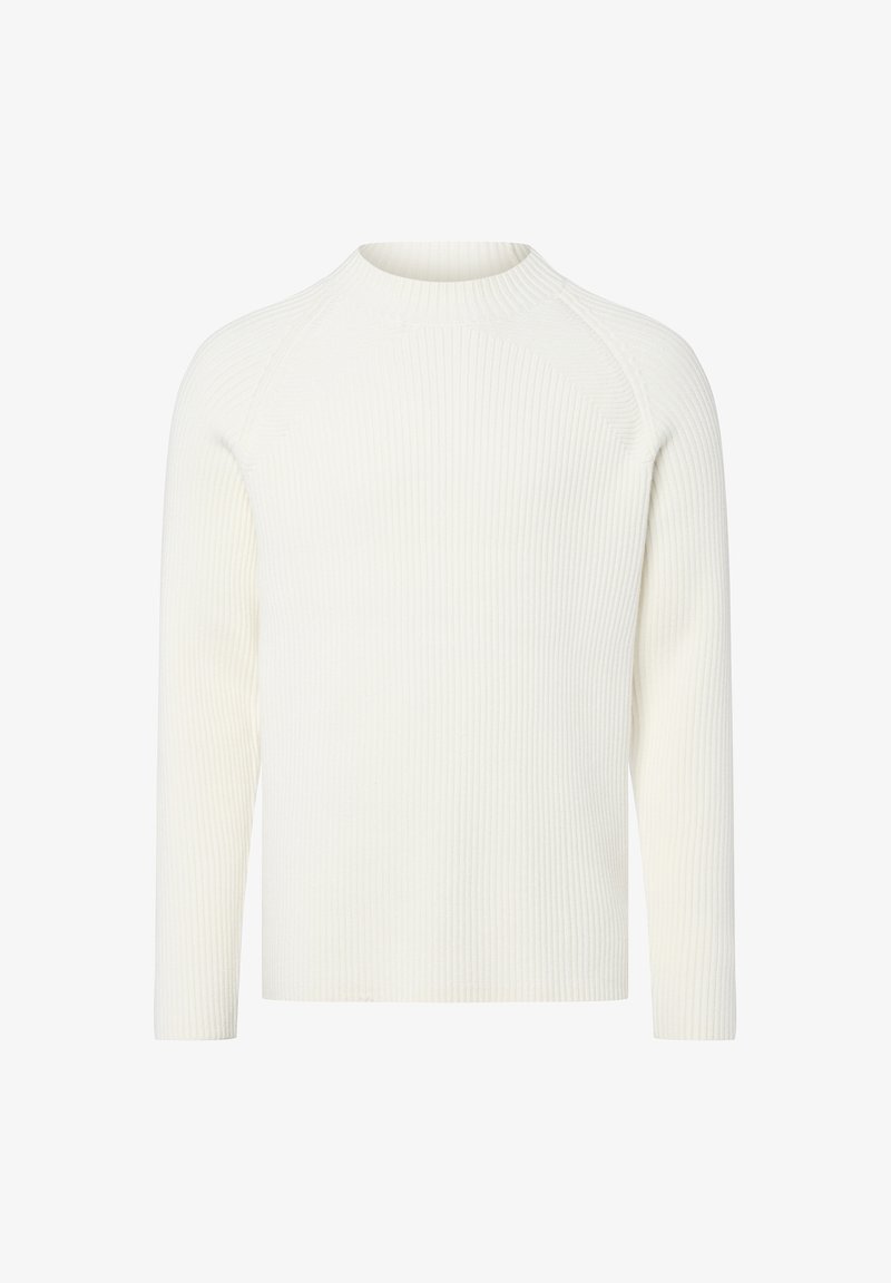 Pull en maille côtelée blanche avec un col rond et des manches longues, présentant un tissu texturé et une coupe régulière.