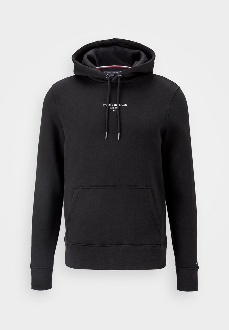 Sweat à capuche noir avec poche avant, cordon de serrage à la capuche et petit logo blanc "Tommy Hilfiger" sur la poitrine.