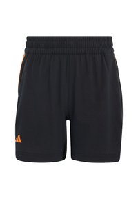 Black athletic shorts with an elastic waistband, featuring orange side accents and a textured fabric. Includes the Adidas logo on the front.