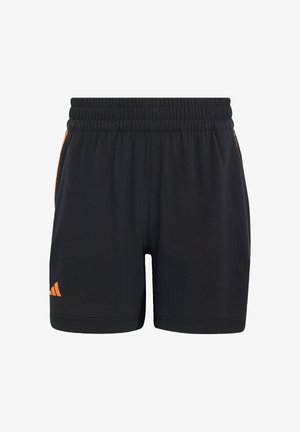 Schwarze Sportshorts mit elastischem Bund, orangefarbenen Seitenakzenten und strukturiertem Stoff. Auf der Vorderseite befindet sich das Adidas-Logo.