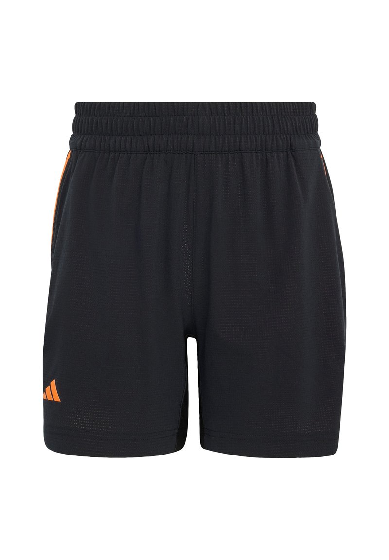 Black athletic shorts with an elastic waistband, featuring orange side accents and a textured fabric. Includes the Adidas logo on the front.
