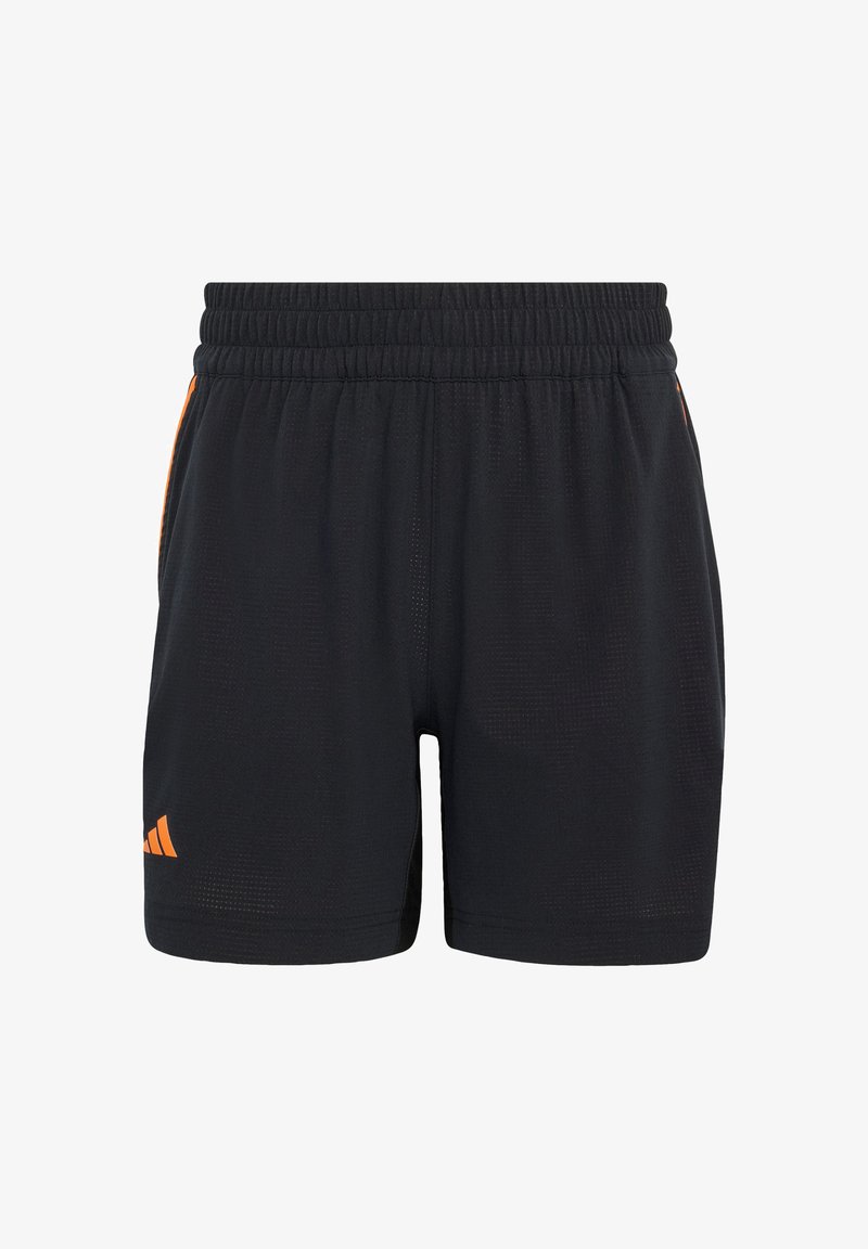 Zwarte sportshorts met een elastische tailleband, voorzien van oranje accenten aan de zijkant en een getextureerde stof. Het Adidas-logo staat aan de voorkant.
