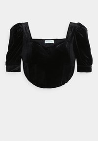 Top cropped de veludo preto com mangas bufantes, decote quadrado e busto estruturado. Apresenta uma textura suave e um brilho sutil. Etiqueta visível no interior.