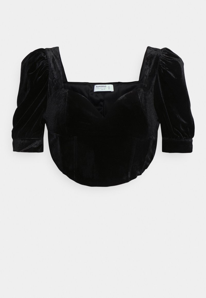 Top cropped de veludo preto com mangas bufantes, decote quadrado e busto estruturado. Apresenta uma textura suave e um brilho sutil. Etiqueta visível no interior.