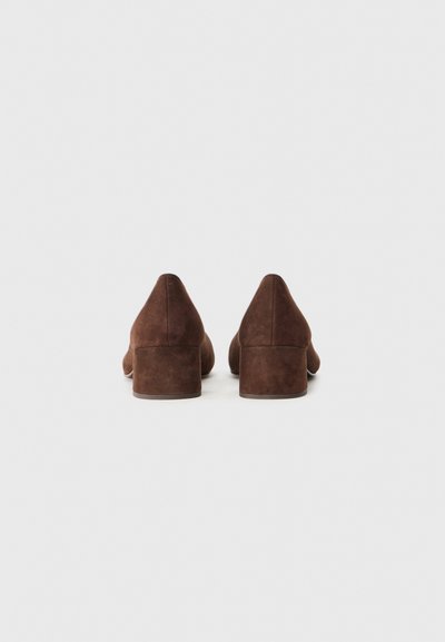Chaussures à talons en daim marron avec un bout pointu et un talon épais. La texture semble douce et mate, présentant un design lisse et sans couture.