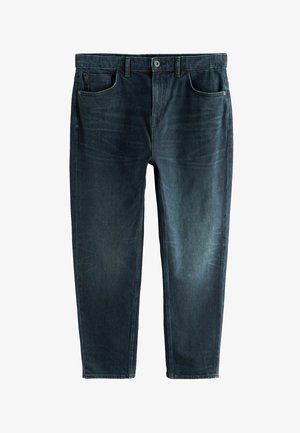 Jeans din denim albastru închis cu un finisaj deschis de piatră, cu cinci buzunare și un design cu picior drept. Dispune de un singur nasture frontal și închidere cu fermoar.