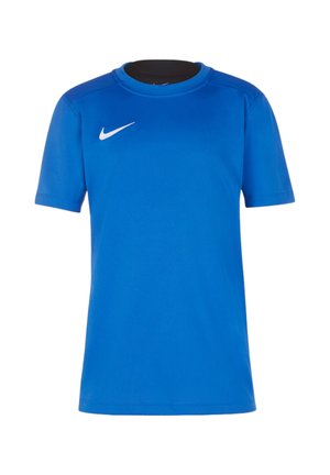 Blå kortærmet Nike sportstrøje med hvid swoosh-logo på højre bryst, vist på en helt hvid baggrund.