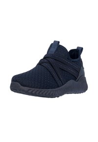 Dunkelblaue Sportschuh aus leichtem Strickmaterial, mit Kreuzgurten, einer strukturierten Sohle und einer Schlaufe an der Ferse für einfaches Anziehen.
