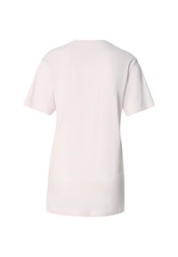 Šviesiai rožinė medvilninė marškinėlių suapvalinta apykakle ir trumpomis rankovėmis. Nugara lygi, be matomų grafinių elementų ar raštų.