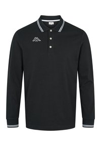 Černé polo tričko s dlouhým rukávem vyrobené z bavlny, s tříbuttonovým zapínáním, bílými pruhy na límci a manžetách a vyšitým logem na hrudi.