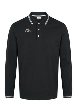 Musta pitkähihaisen polo paita, joka on tehty puuvillasta. Siinä on kolmen napin nappilista, valkoiset raidat kauluksessa ja hihansuissa sekä brodeerattu logo rinnassa.
