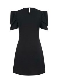 Robe noire à manches courtes avec des manches bouffantes, un dos avec découpe en forme de clé, et une silhouette ajustée avec une texture lisse.
