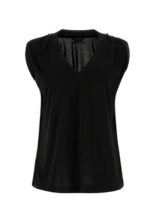Top negro sin mangas con escote en V, hecho de tela suave. Presenta detalles fruncidos en los hombros y un ajuste relajado, con un dobladillo recto.