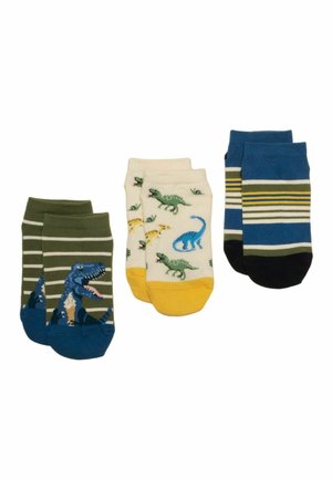 Three pairs of children’s ankle socks: green with blue dinosaur, cream with colorful dinosaurs, and blue with yellow and white stripes.