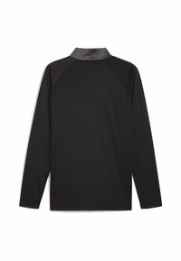 Langermet svart skjorte med grå krage. Laget av glatt stoff, med en tettsittende design og raglanermer for enkel bevegelse.