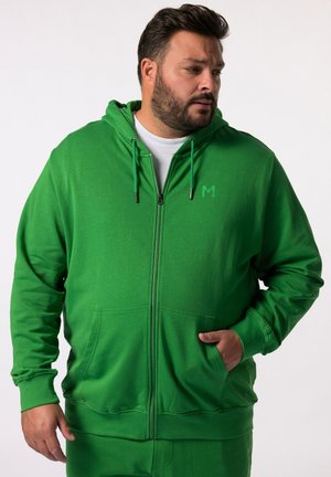 Sudadera verde con cremallera hecha de tejido suave. Presenta bolsillos frontales, cordones de contraste y un pequeño logo en el pecho.
