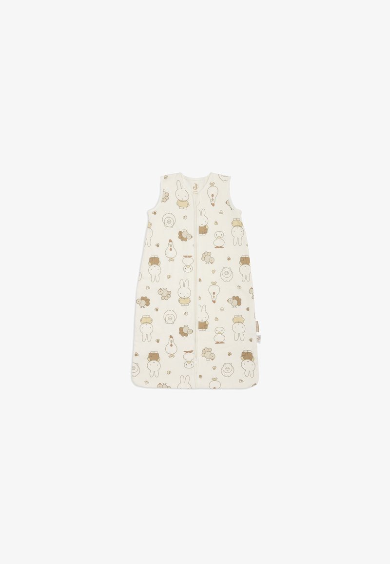 Gigoteuse blanche sans manches pour bébé avec motifs d'animaux de dessin animé beige et marron ainsi que des fleurs, fermeture éclair à l'avant.