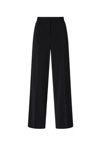 Pantaloni neri a gamba larga con una texture liscia, caratterizzati da pieghe frontali, vita su misura e senza chiusure o decorazioni visibili.