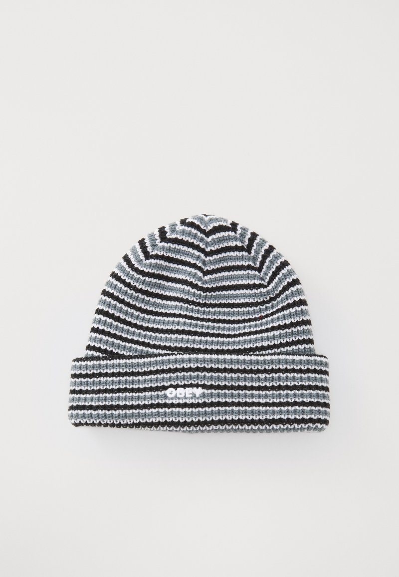 Black and gray striped knit beanie with a folded cuff and white logo detail. Features a soft texture and rounded crown design.