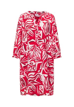 Rød og hvid knælængde kjole med lange ærmer, knaplukning ved halsen og abstrakt blomstermønster med fisk.