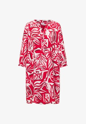 Rotes und weißes knielanges Kleid mit langen Ärmeln, geknöpftem Ausschnitt und abstraktem Blumen- und Fischmuster.