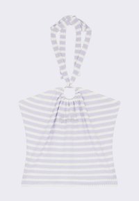 Haut en tissu rayé lilas et blanc avec un col froncé et un détail en nœud, ainsi que deux bretelles ajustables. Texture douce, design décontracté.