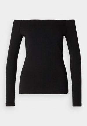 Black long-sleeve top with off-the-shoulder neckline, smooth fabric, fitted design, and a seamless hem. Simple and minimalistic style.