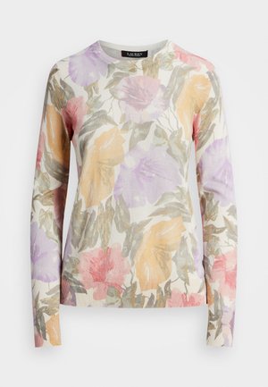 Pull à manches longues col rond avec imprimé floral pastel dans des nuances de rose, violet, jaune et vert sur fond crème.
