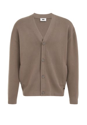 Bruine gebreide cardigan met een V-hals, vijf knopen aan de voorkant, twee zijzakken en geribbelde manchetten. Zachte textuur, comfortabele pasvorm.