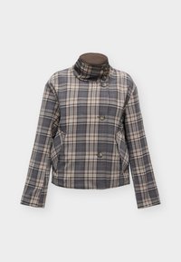Veste à carreaux grise et beige avec col montant et quatre boutons, manches longues et poches avant inclinées sur fond uni.