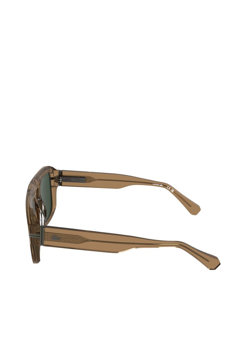 Brown transparent sunglasses with wide, straight temples and dark green-tinted lenses, shown from the side.