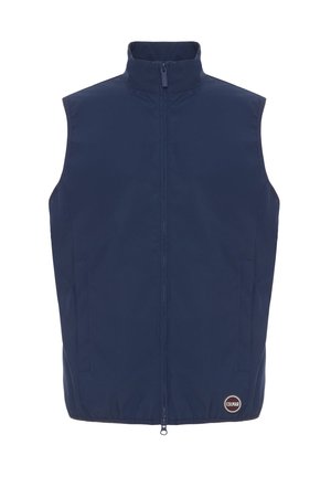 Gilet senza maniche blu navy con zip frontale, collo alto, due tasche laterali e una toppa rotonda con il logo "Colmar" in basso a destra.