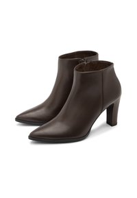 Brown leather ankle boots with a pointed toe and a mid-height block heel. Features a side zipper and smooth texture.