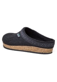 Black felt clog with a cork sole and black rubber bottom. Features decorative dark gray trim and label on the side.