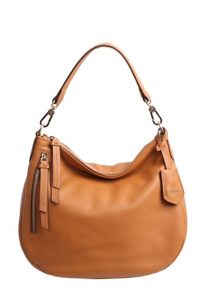 Borsa hobo in pelle di un caldo color tan, dalla forma morbida, con tasca con zip e dettaglio in frange. Caratterizzata da una robusta tracolla e un etichetta con logo.