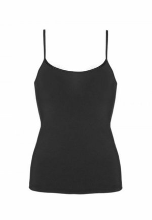 Top negru din satin cu bretele subțiri, fabricat dintr-un material ușor. Prezintă o textură moale și un design ajustat.