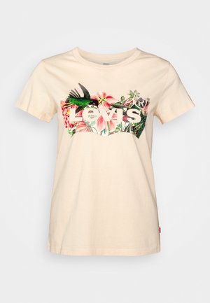 Kremfarvet Levi's t-shirt med blomsterprint og grøn kolibri-design bag mærkelogoet på brystet.